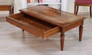 Rectangular living room coffee table in classic style solid walnut with olive wood inlays and drawer